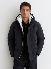 Reiss Navy Klause Fleece-Lined Hooded Puffer Jacket - Image 1 of 6