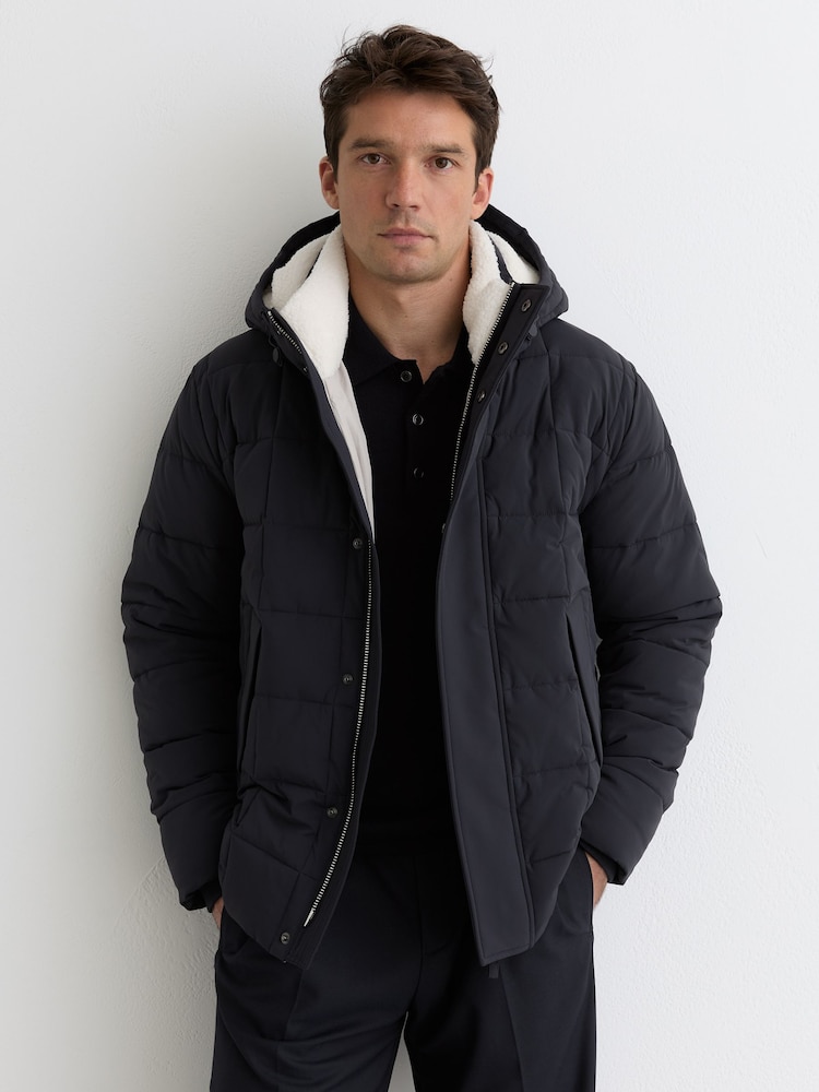 Reiss Navy Klause Fleece-Lined Hooded Puffer Jacket - Image 1 of 6 Reiss Navy Klause Fleece-Lined Hooded Puffer Jacket - Image 1 of 6