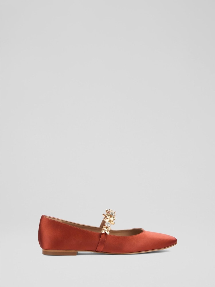LK Bennett Orange Flower Trim Flat Amber Orange Fabric Shoes - Image 1 of 4