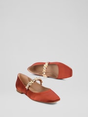 LK Bennett Orange Flower Trim Flat Amber Orange Fabric Shoes - Image 3 of 4