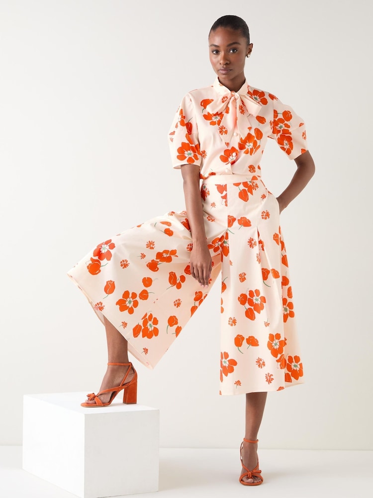 LK Bennett Cream Orange Multi Cotton Pleat Block Floral Print Sateen Jumpsuit - Image 1 of 6 LK Bennett Cream Orange Multi Cotton Pleat Block Floral Print Sateen Jumpsuit - Image 1 of 6