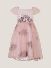 Monsoon Pink Charlotte Short Sleeve Floral Print Tulle Dress - Image 1 of 1