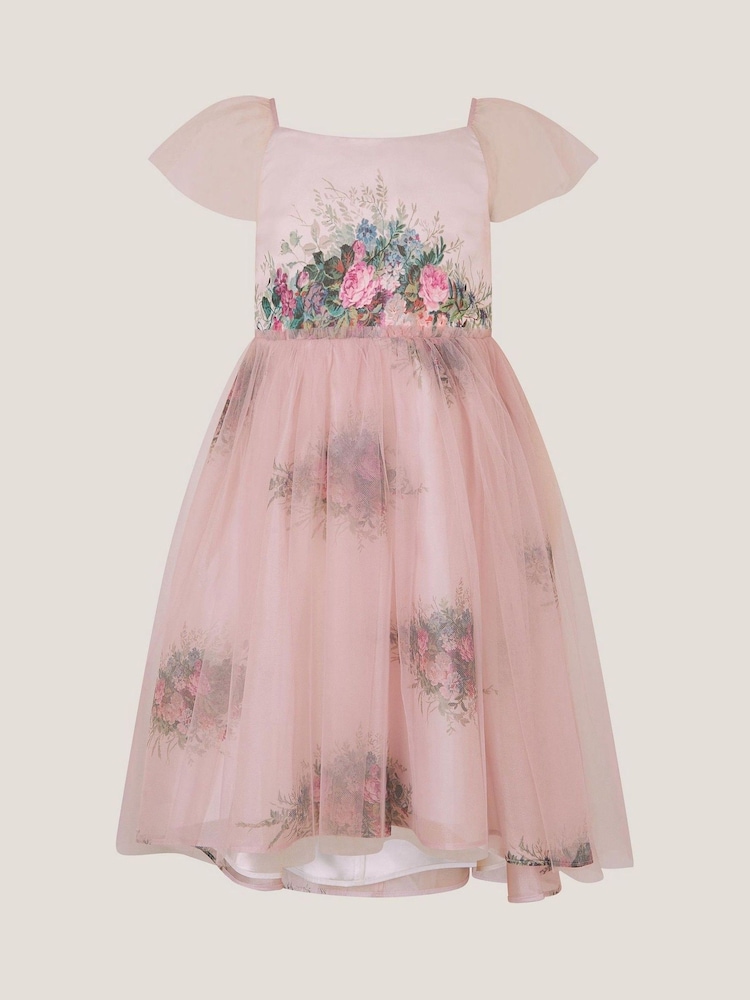 Monsoon Pink Charlotte Short Sleeve Floral Print Tulle Dress - Image 1 of 1