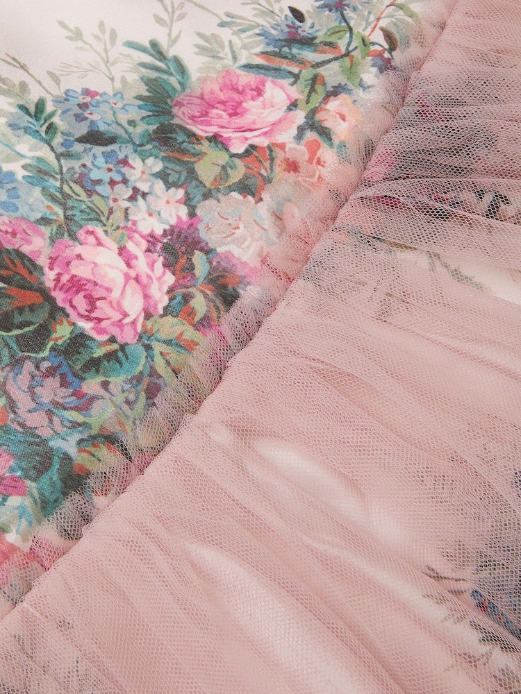 Monsoon Pink Charlotte Short Sleeve Floral Print Tulle Dress - Image 4 of 4