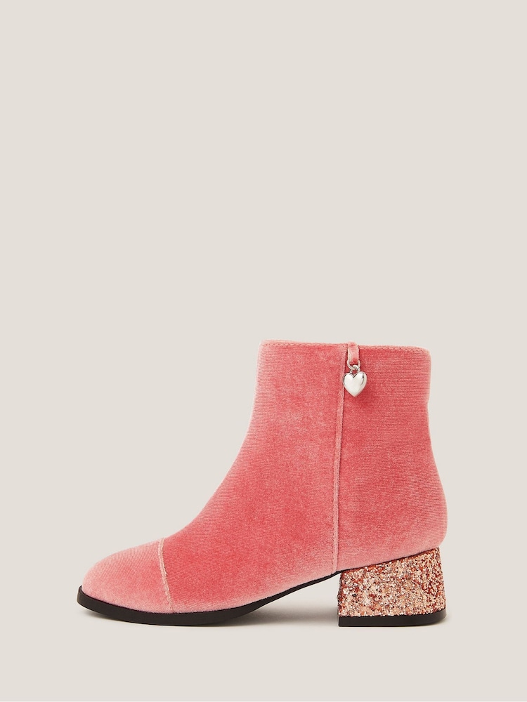 Monsoon Pink Velvet Glitter Heel Boots - Image 1 of 3 Monsoon Pink Velvet Glitter Heel Boots - Image 1 of 3