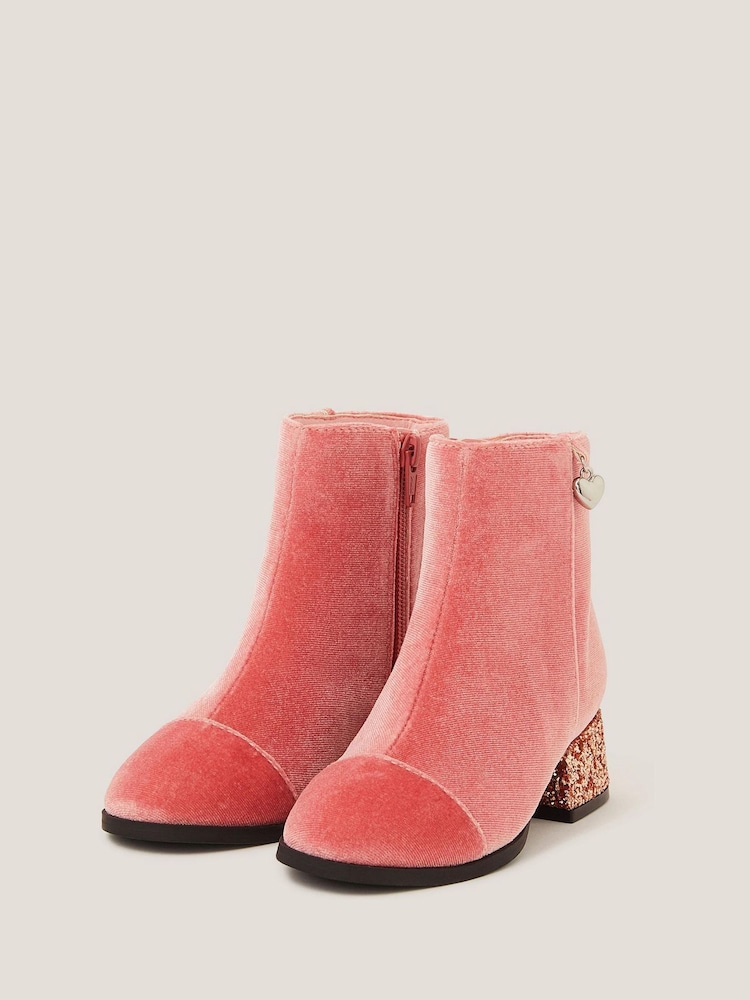 Monsoon Pink Velvet Glitter Heel Boots - Image 2 of 3 Monsoon Pink Velvet Glitter Heel Boots - Image 2 of 3