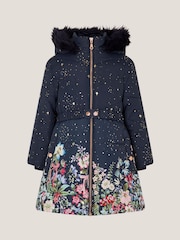 Monsoon Blue Starry Floral Print Hooded Coat - Image 1 of 1