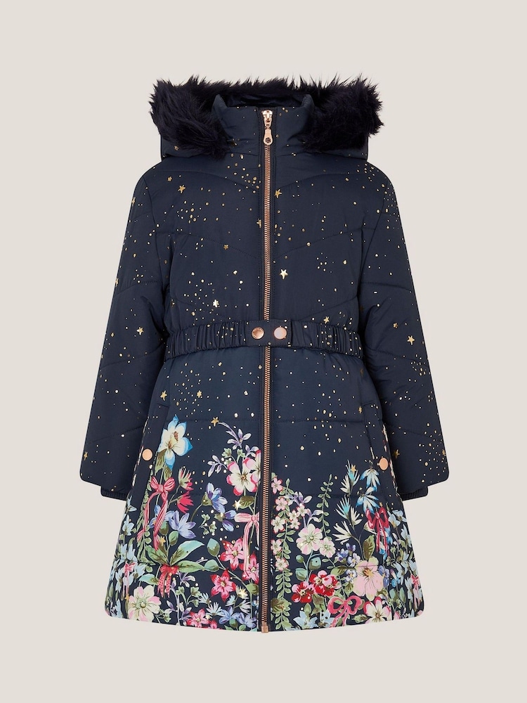 Monsoon Blue Starry Floral Print Hooded Coat - Image 1 of 1
