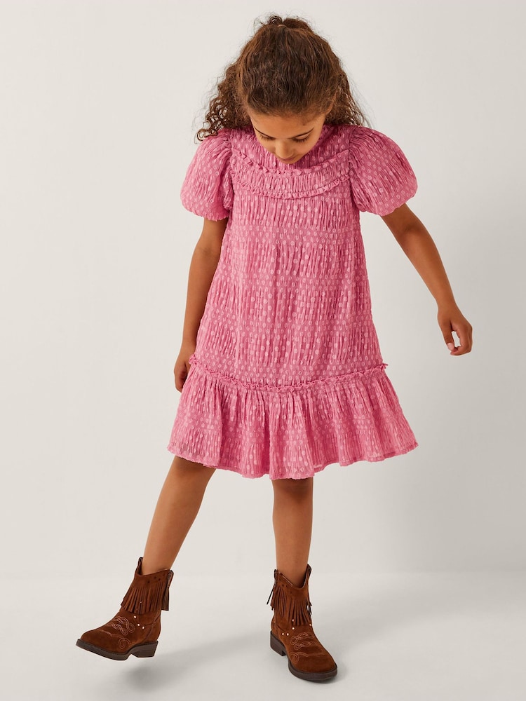Monsoon Pink Polka Dot Textured Puff Sleeve Dress - Image 1 of 4 Monsoon Pink Polka Dot Textured Puff Sleeve Dress - Image 1 of 4