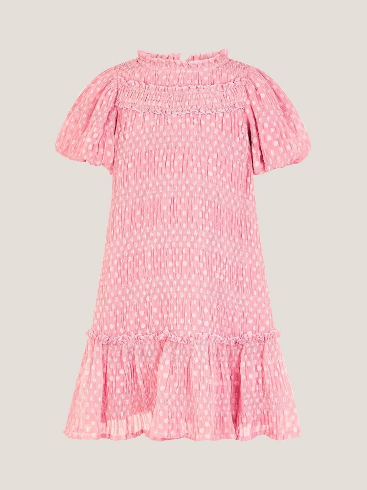 Monsoon Pink Polka Dot Textured Puff Sleeve Dress - Image 2 of 4 Monsoon Pink Polka Dot Textured Puff Sleeve Dress - Image 2 of 4