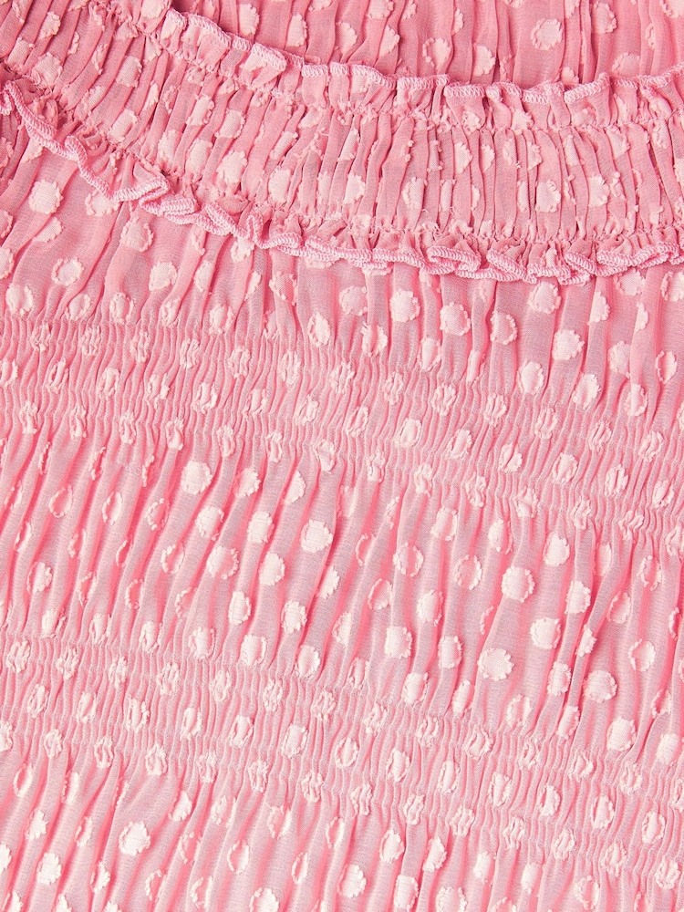 Monsoon Pink Polka Dot Textured Puff Sleeve Dress - Image 4 of 4
