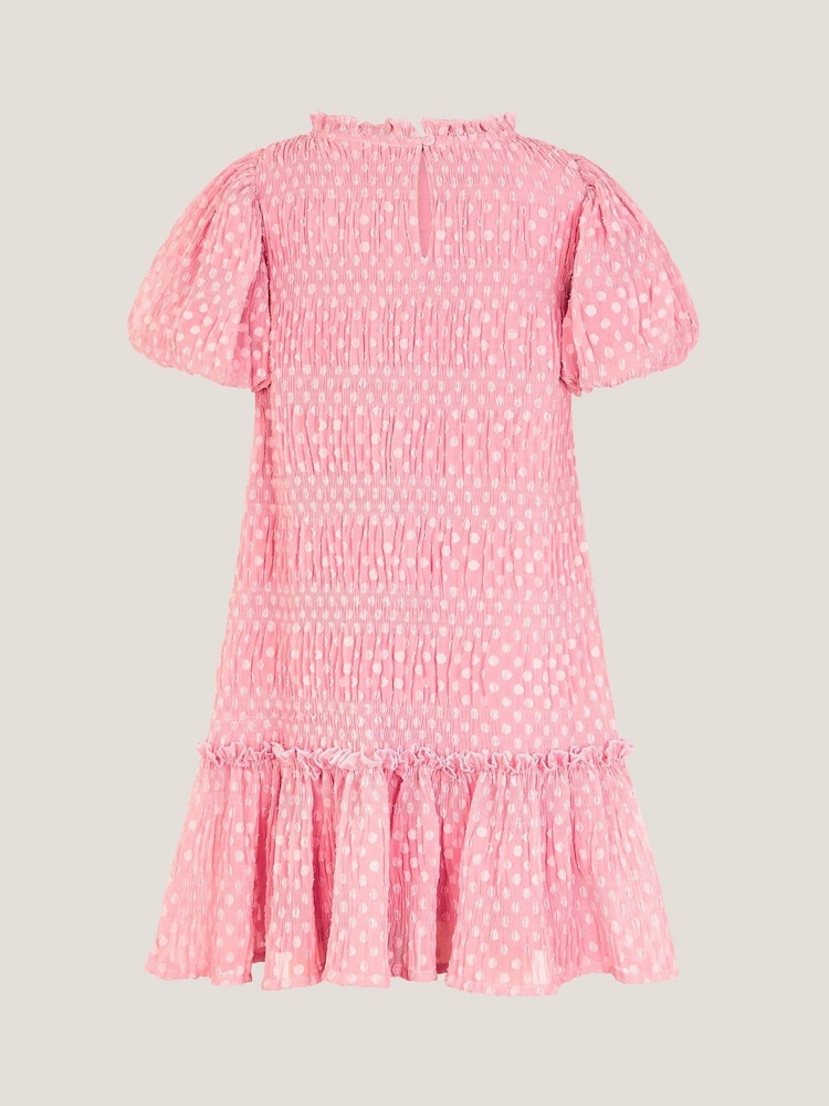 pink polka dot puff sleeve dress Dream Sister Jane polka dot jacquard puff sleeve bubble hem midi dress in  pink