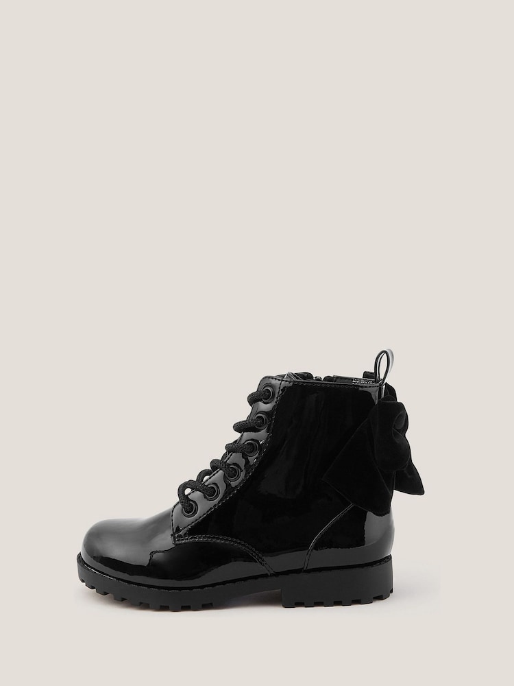 Monsoon Black Bow Patent Lace Up Boots - Image 1 of 3 Monsoon Black Bow Patent Lace Up Boots - Image 1 of 3