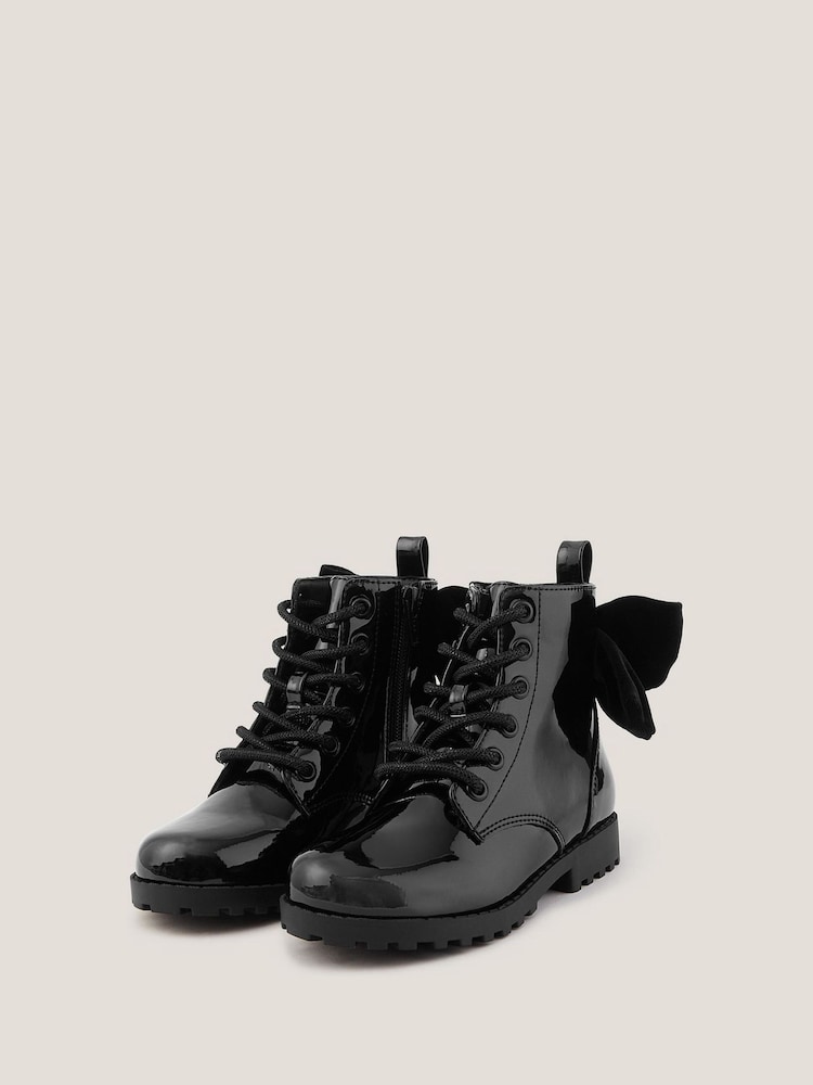 Monsoon Black Bow Patent Lace Up Boots - Image 2 of 3 Monsoon Black Bow Patent Lace Up Boots - Image 2 of 3