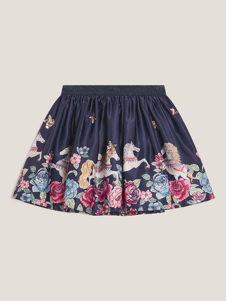 Monsoon Blue Floral Horse Print Satin Skirt - Image 2 of 4