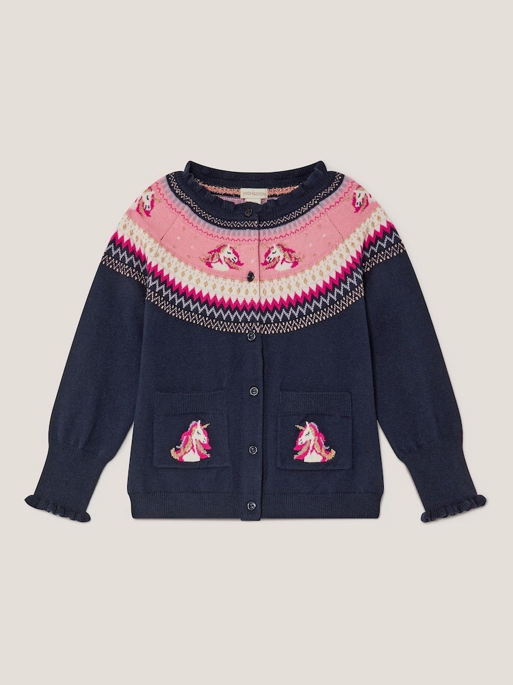 Monsoon Blue Unicorn Fair Isle Cardigan - Image 1 of 1 Monsoon Blue Unicorn Fair Isle Cardigan - Image 1 of 1