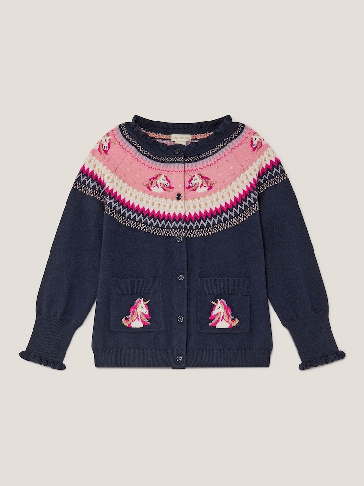 Monsoon Blue Unicorn Fair Isle Cardigan - Image 2 of 4 Monsoon Blue Unicorn Fair Isle Cardigan - Image 2 of 4