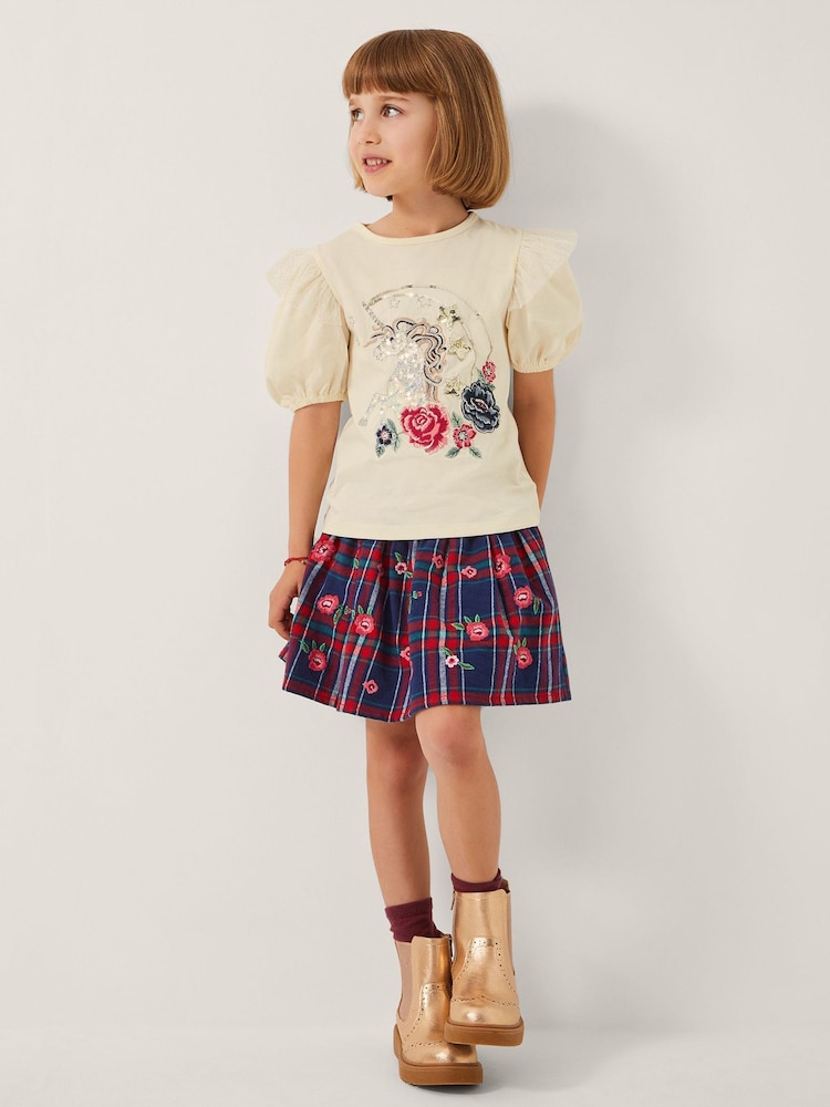 Monsoon Red Floral Print Embroidered Tartan Skirt - Image 1 of 1 Monsoon Red Floral Print Embroidered Tartan Skirt - Image 1 of 1