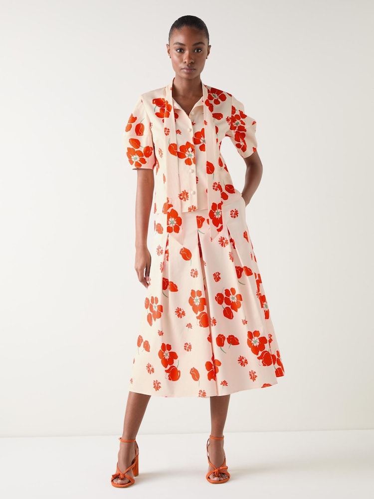 LK Bennett Multi Cotton Block Floral Print Sateen Blouse With Shaped Sleeve - Imagem 1 de 3