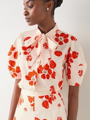 LK Bennett Multi Cotton Block Floral Print Sateen Blouse With Shaped Sleeve - Imagem 3 de 3