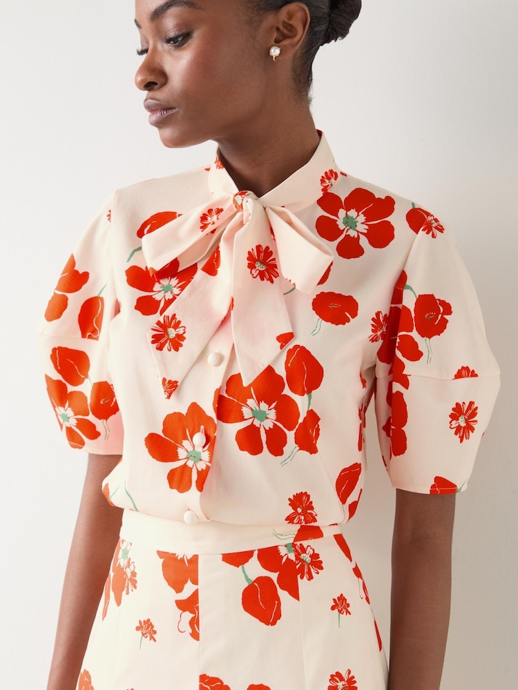 LK Bennett Multi Cotton Block Floral Print Sateen Blouse With Shaped Sleeve - Imagem 3 de 3