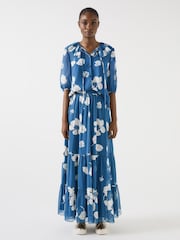 LK Bennett Blue Rumi China Frill Collar Block Print Blouse - Image 1 of 4