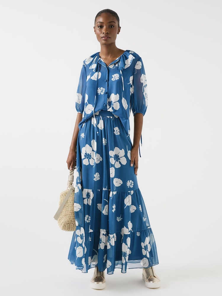 LK Bennett Blue Rumi China Frill Collar Block Print Blouse - Image 2 of 4