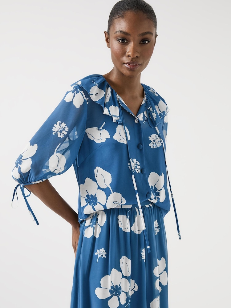 LK Bennett Blue Rumi China Frill Collar Block Print Blouse - Image 4 of 4