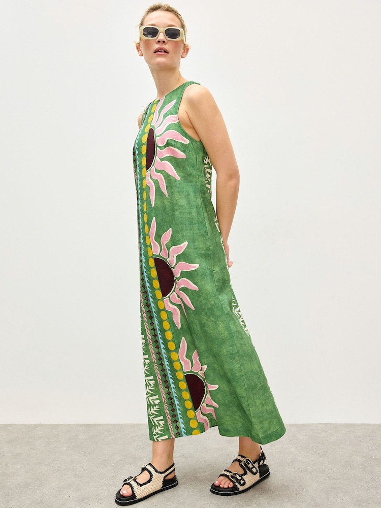 Oliver Bonas Green Sun Print Sleeveless Midi Dress - Image 1 of 7