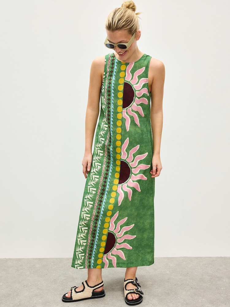 Oliver Bonas Green Sun Print Sleeveless Midi Dress - Image 2 of 7