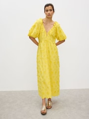 Oliver Bonas Yellow 3D Floral Print Textured Puff Sleeve Midi Dress - Image 1 of 7