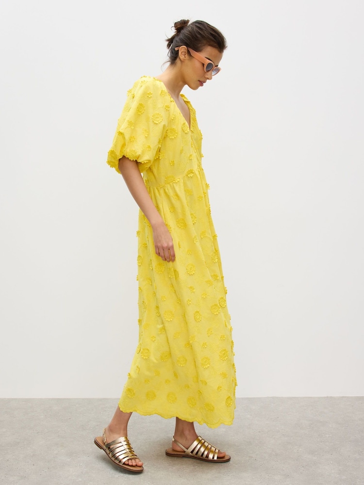 Oliver Bonas Yellow 3D Floral Print Textured Puff Sleeve Midi Dress - Image 2 of 7