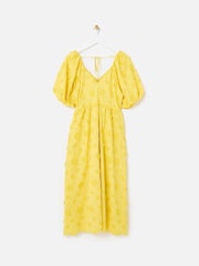 Oliver Bonas Yellow 3D Floral Print Textured Puff Sleeve Midi Dress - Image 4 of 7