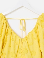 Oliver Bonas Yellow 3D Floral Print Textured Puff Sleeve Midi Dress - Image 5 of 7