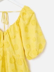 Oliver Bonas Yellow 3D Floral Print Textured Puff Sleeve Midi Dress - Image 6 of 7
