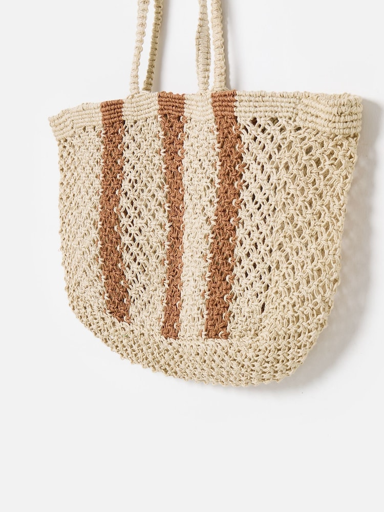 Oliver Bonas Brown Estie Cream Striped Woven Tote Bag - Image 1 of 7