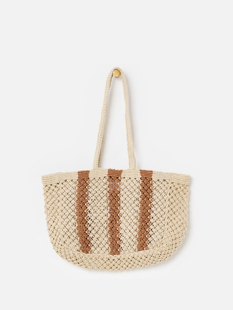 Oliver Bonas Brown Estie Cream Striped Woven Tote Bag - Image 2 of 7 Oliver Bonas Brown Estie Cream Striped Woven Tote Bag - Image 2 of 7