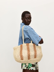 Oliver Bonas Brown Estie Cream Striped Woven Tote Bag - Image 7 of 7
