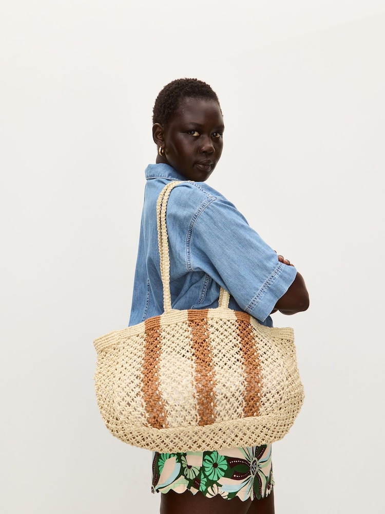 Oliver Bonas Brown Estie Cream Striped Woven Tote Bag - Image 7 of 7