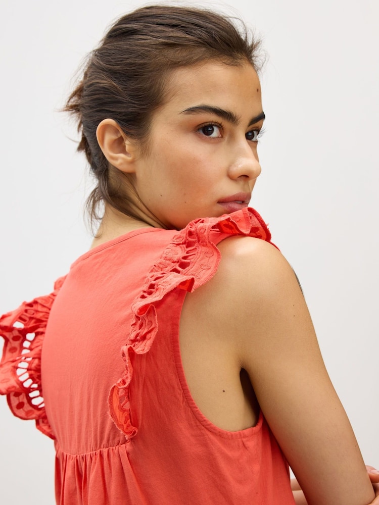 Oliver Bonas Orange Mini Coral Ladder Trim Tiered Dress - Image 2 of 8
