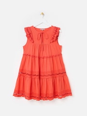 Oliver Bonas Orange Mini Coral Ladder Trim Tiered Dress - Image 3 of 8