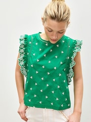 Oliver Bonas Green Embroidered Frill Sleeve Top - Image 1 of 7