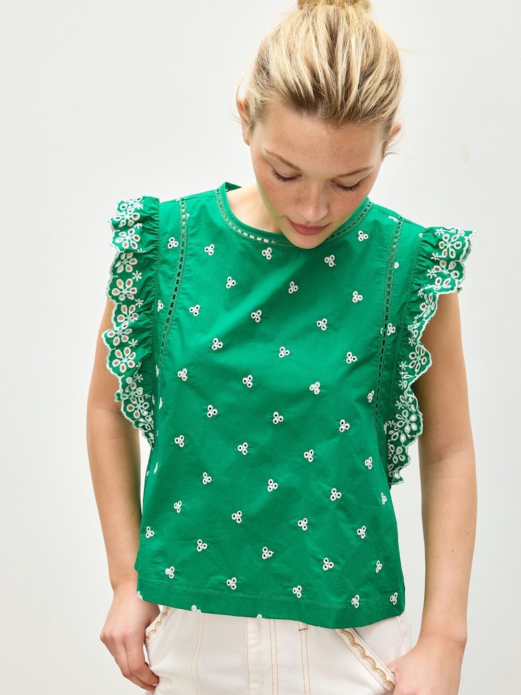 Oliver Bonas Green Embroidered Frill Sleeve Top - Image 1 of 7