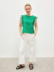 Oliver Bonas Green Embroidered Frill Sleeve Top - Image 2 of 7