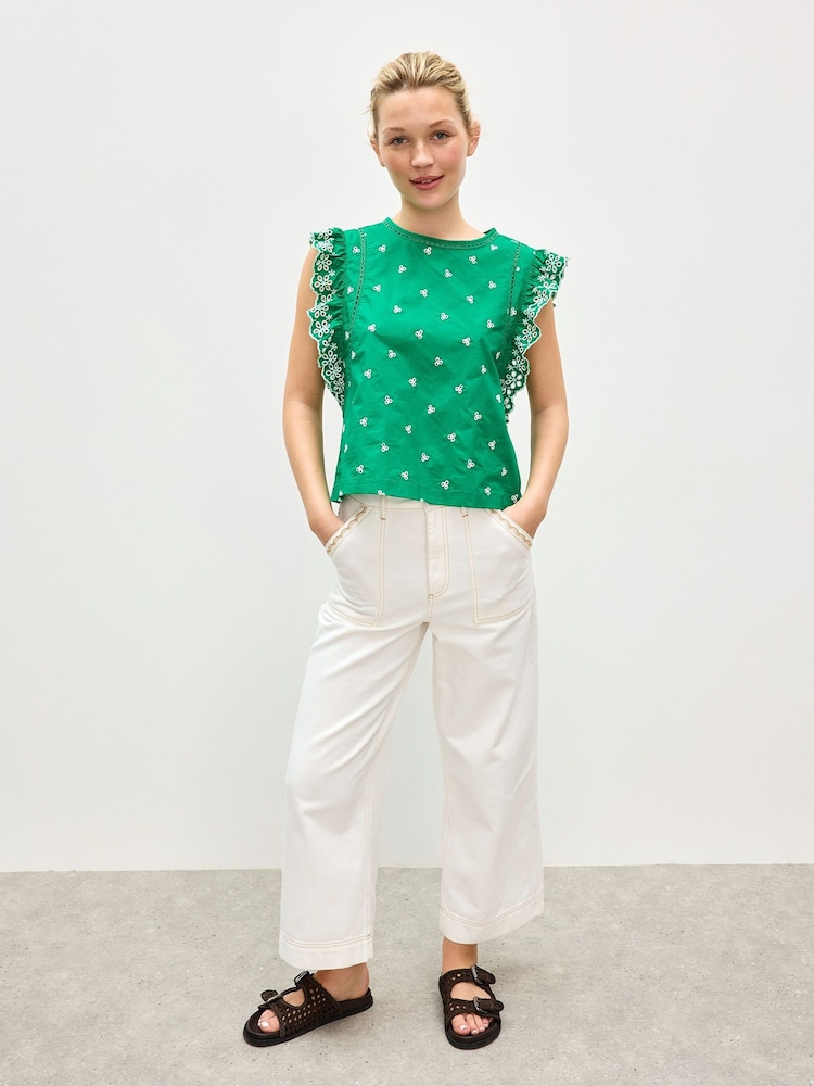 Oliver Bonas Green Embroidered Frill Sleeve Top - Image 2 of 7