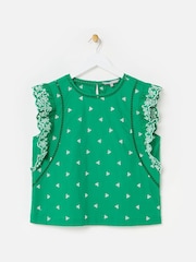 Oliver Bonas Green Embroidered Frill Sleeve Top - Image 3 of 7