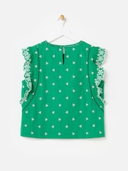 Oliver Bonas Green Embroidered Frill Sleeve Top - Image 4 of 7