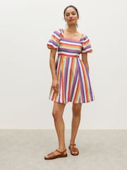 Oliver Bonas Blue Mini Rainbow Striped Puff Sleeve Dress - Image 1 of 7