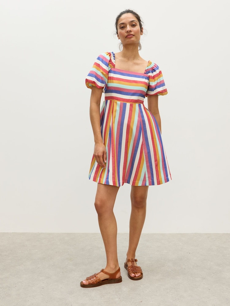 Oliver Bonas Blue Mini Rainbow Striped Puff Sleeve Dress - Image 1 of 7