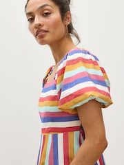 Oliver Bonas Blue Mini Rainbow Striped Puff Sleeve Dress - Image 2 of 7